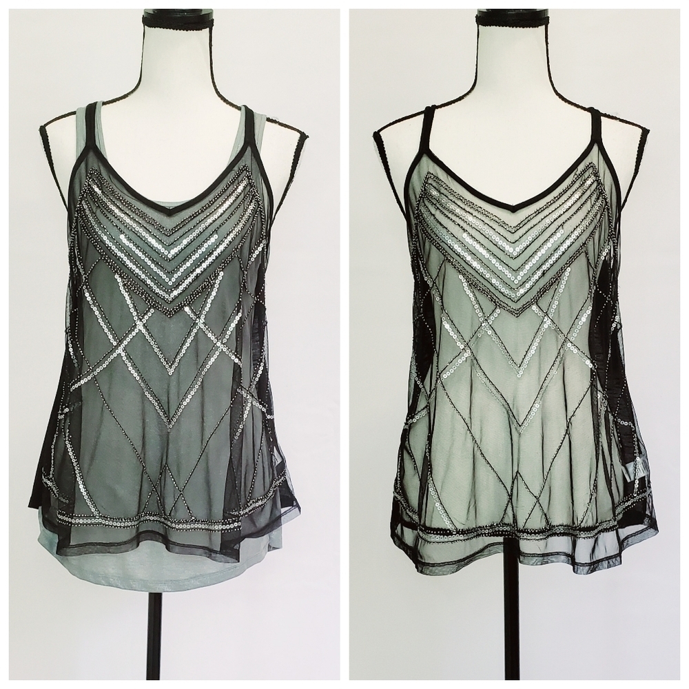Maurices Embellished Sequin & Beaded Sheer Front Racerback Tank Top